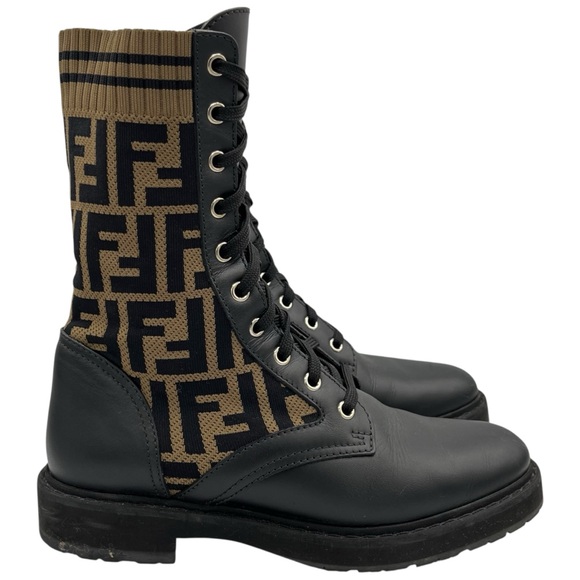 Fendi FF Rockoko Stretch Fabric Black Leather Combat Biker Boots EU 37 US 7 - Picture 2 of 10